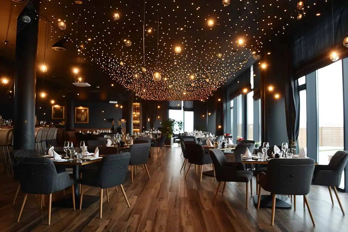 Elegant restaurant interior with starry lights and modern decor.
