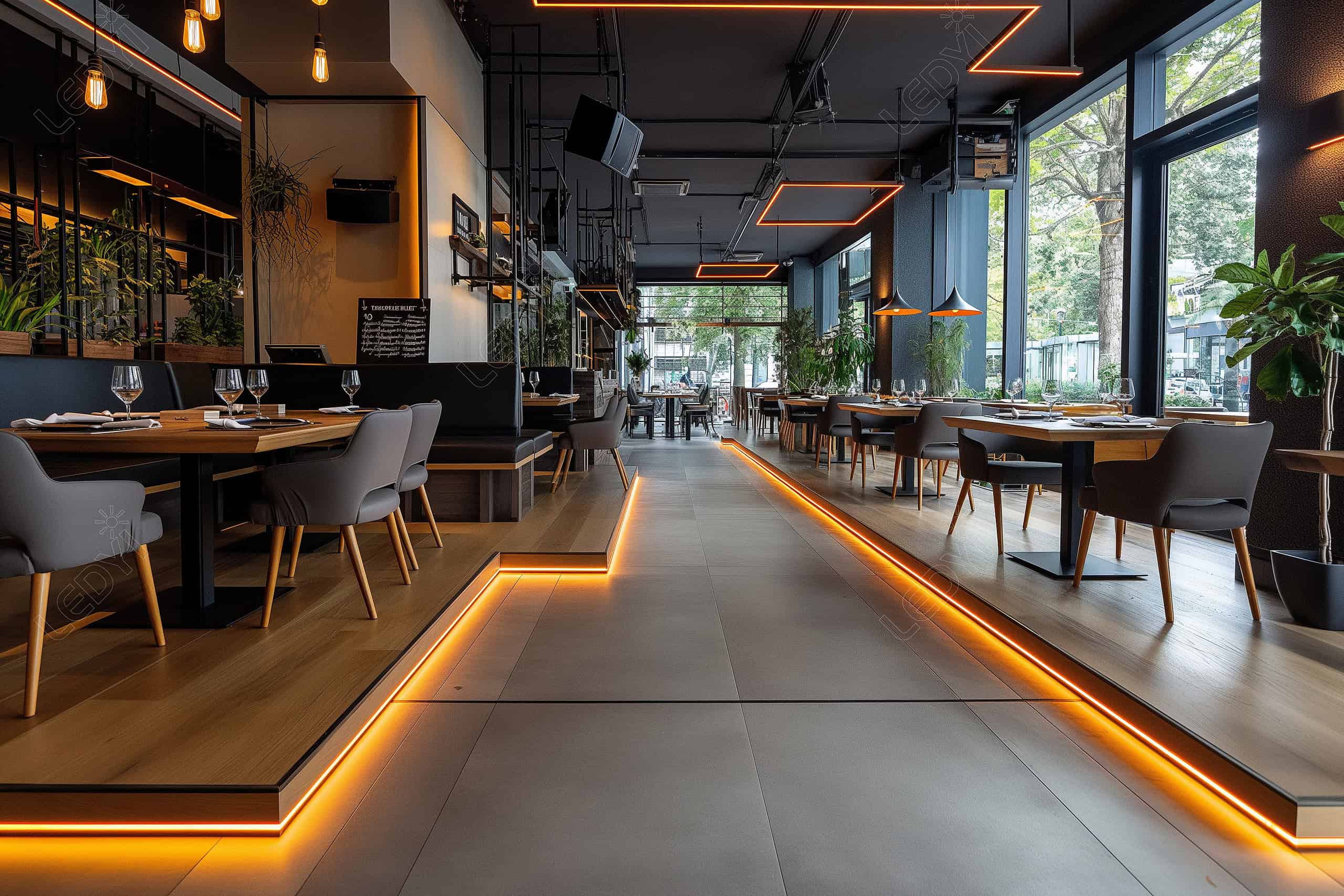 Modern restaurant with stylish lighting and elegant décor.