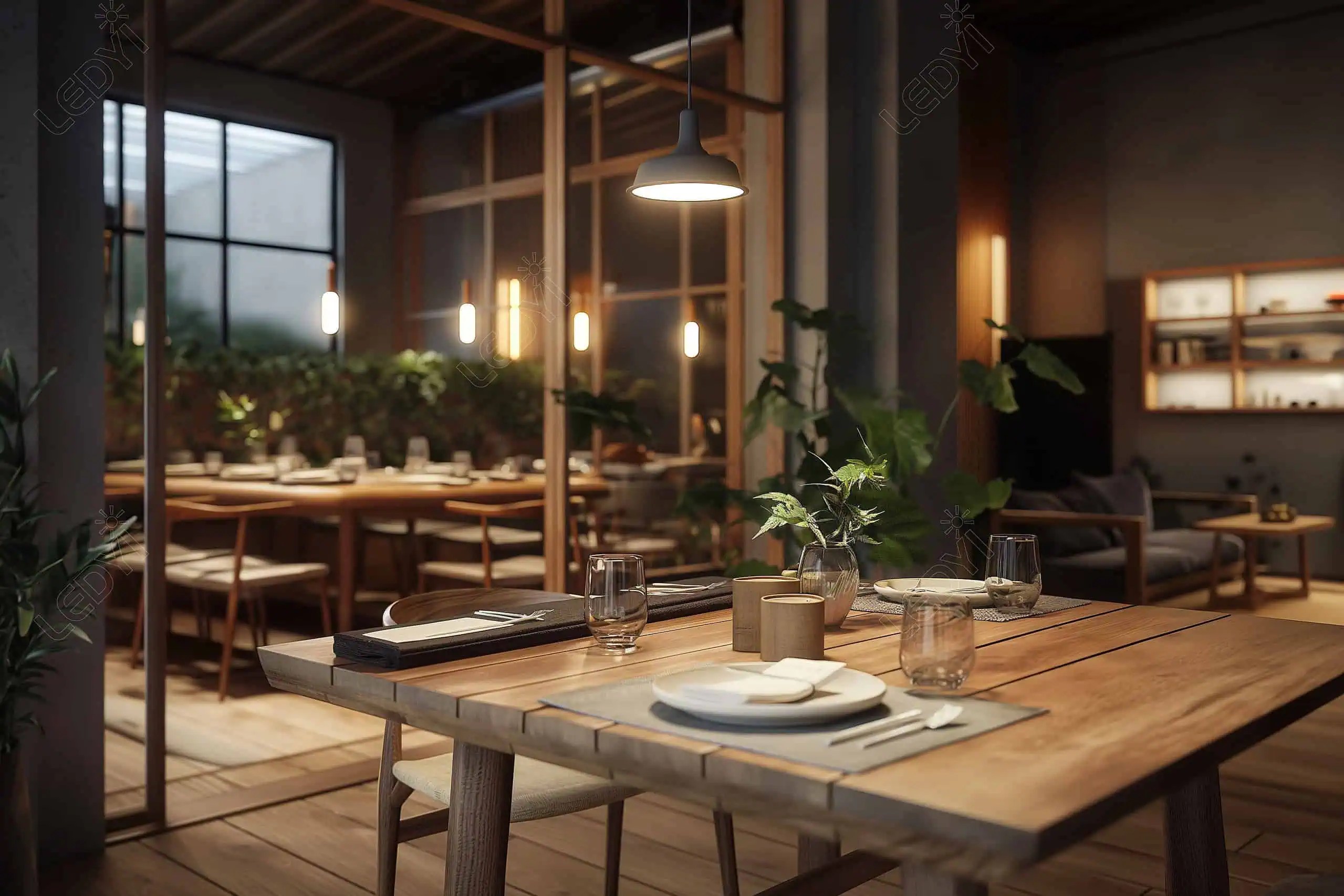 Cozy modern restaurant interior with wooden tables and plants.
