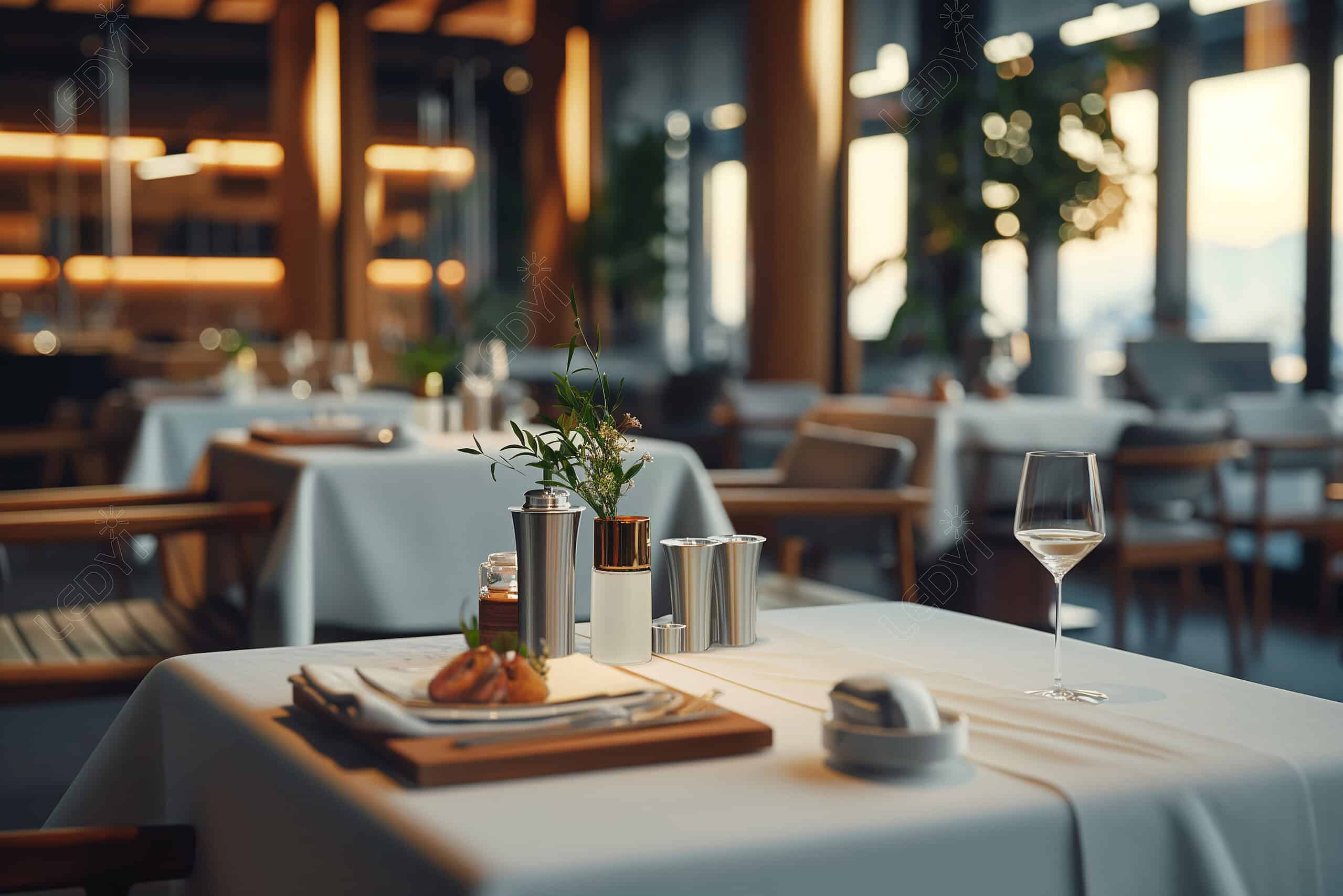 Elegant restaurant table setting at sunset.