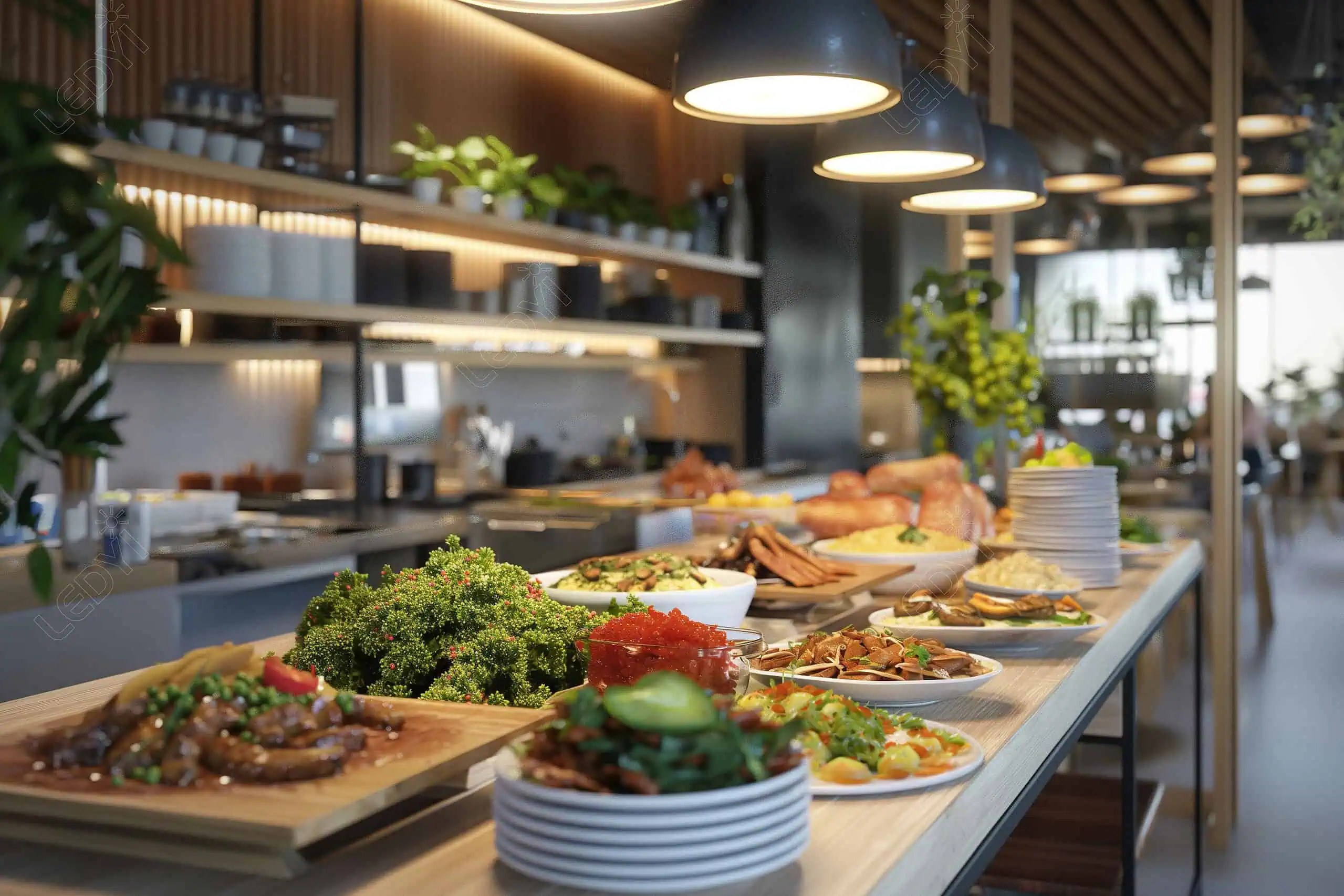 Buffet table with various dishes in a modern kitchen.