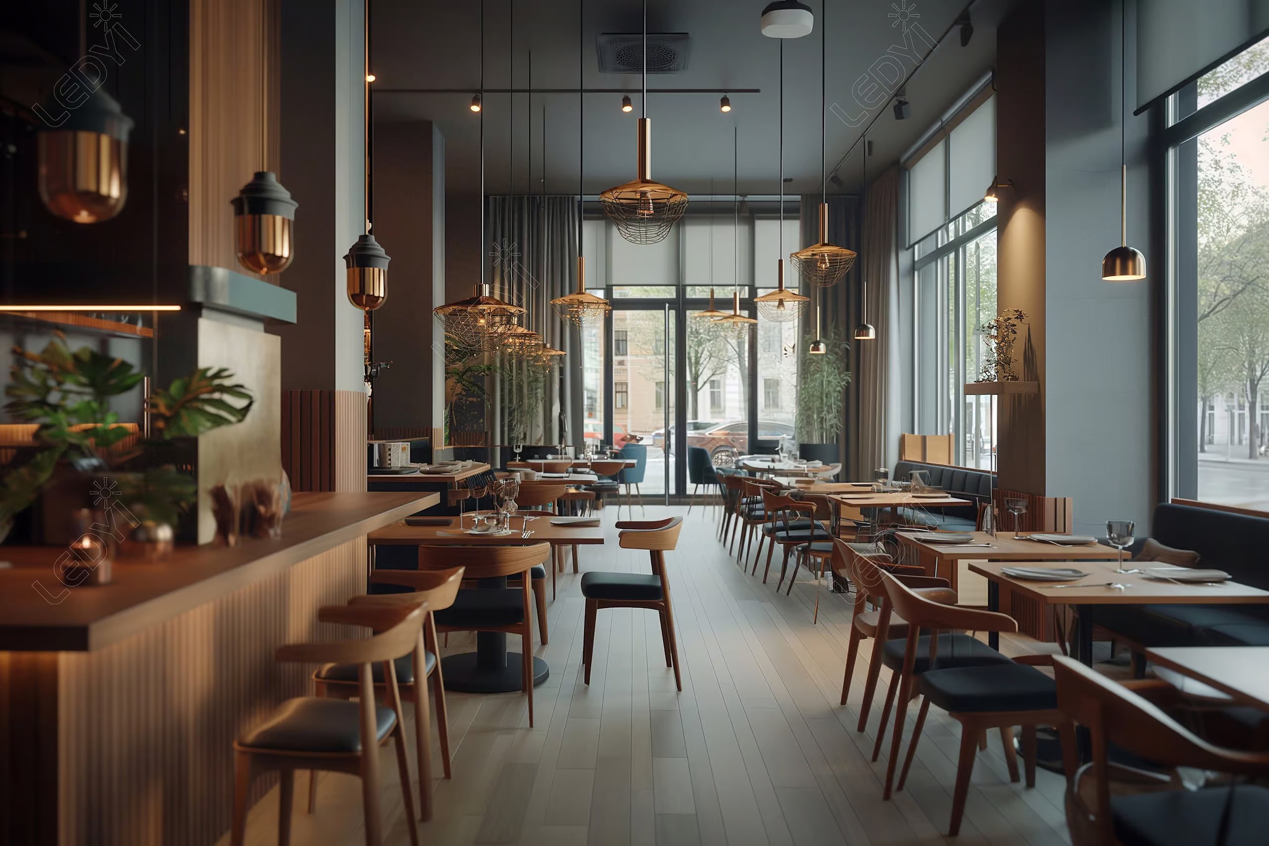 Modern restaurant interior with wooden tables and stylish lighting.