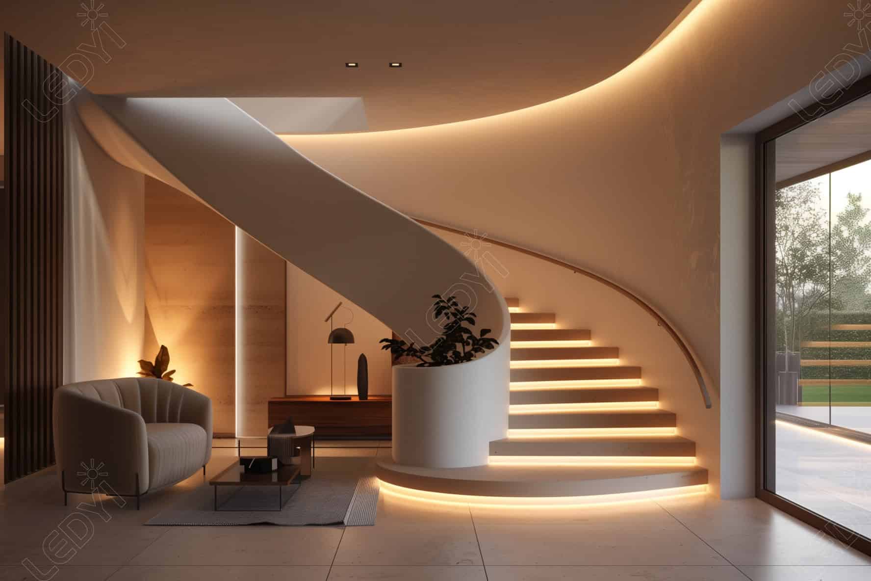 Modern spiral staircase with ambient lighting in living room.