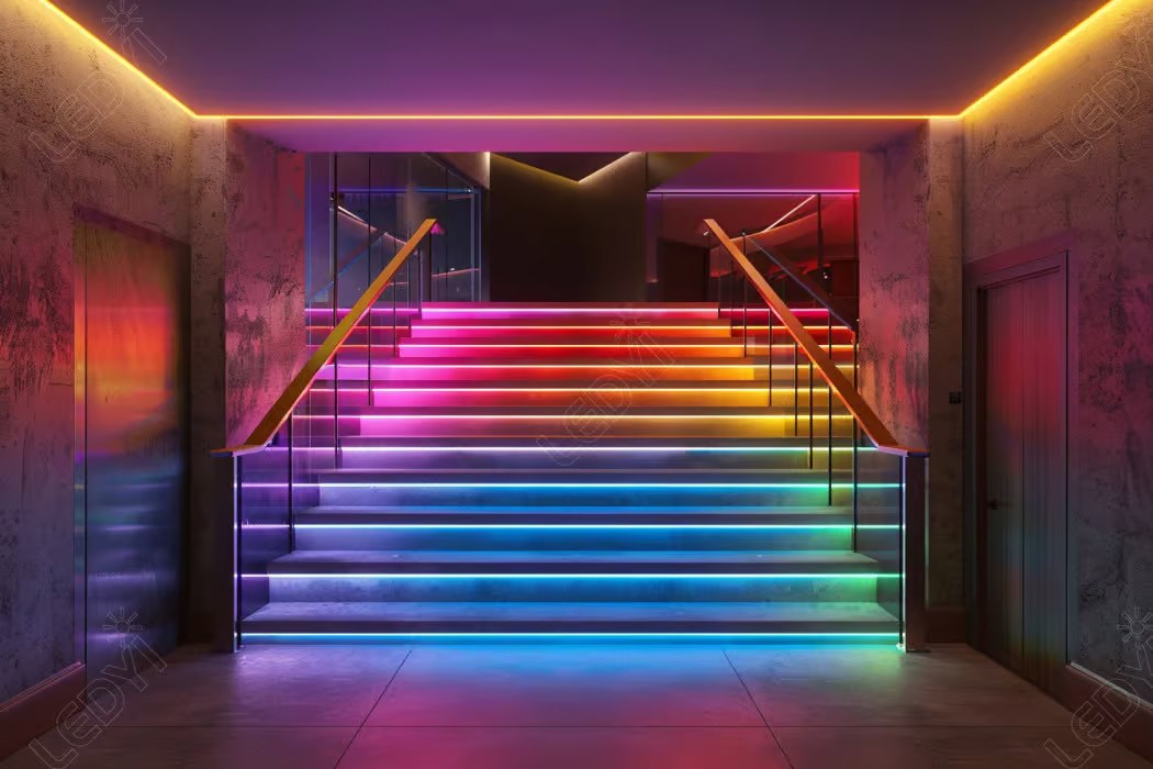 Colorful LED-lit staircase with vibrant rainbow lights.
