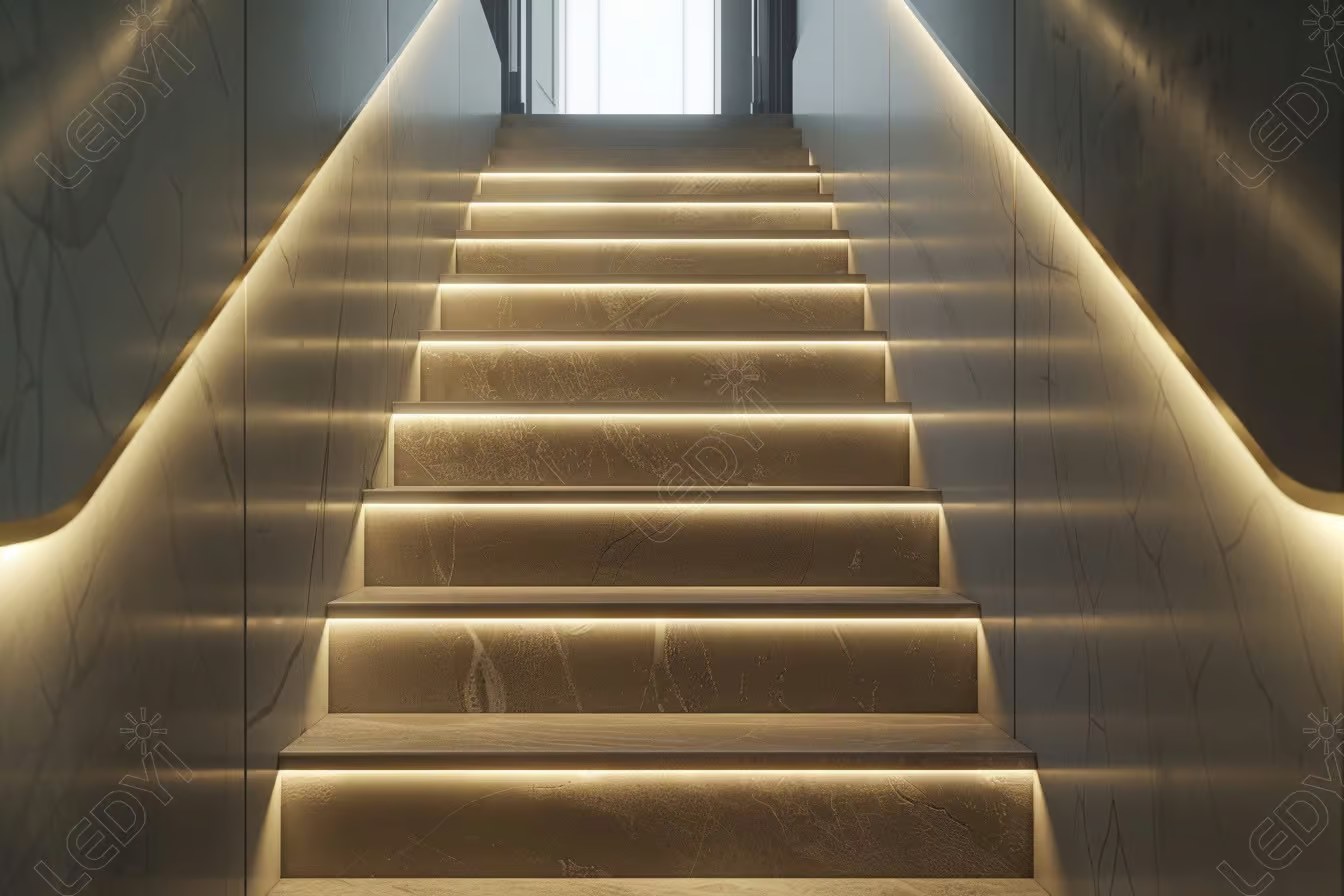 Modern staircase with sleek LED lighting.