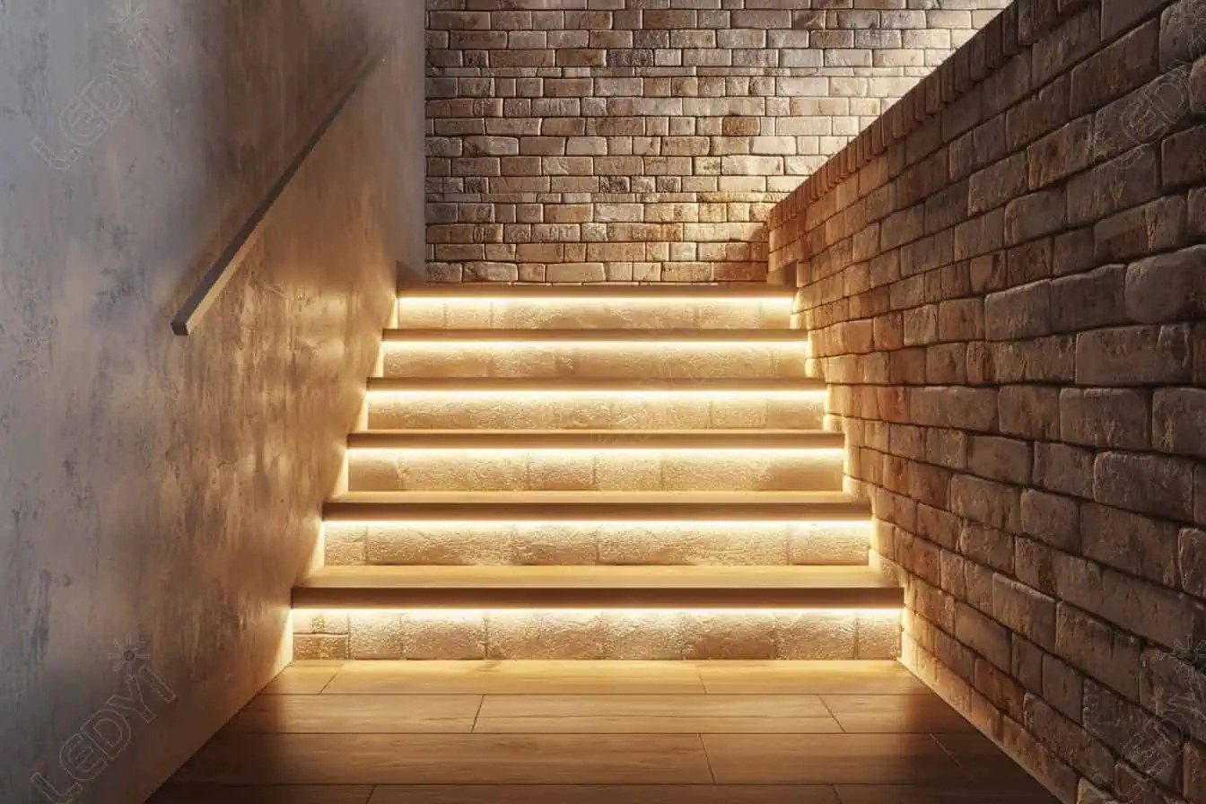 Brick staircase with modern LED lighting.
