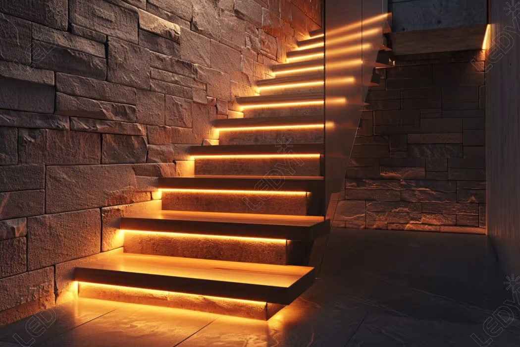 Modern staircase with illuminated steps and stone walls.