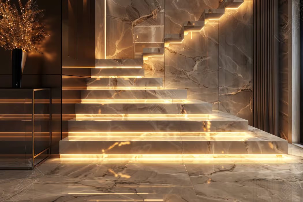 Illuminated modern staircase with marble finishes.