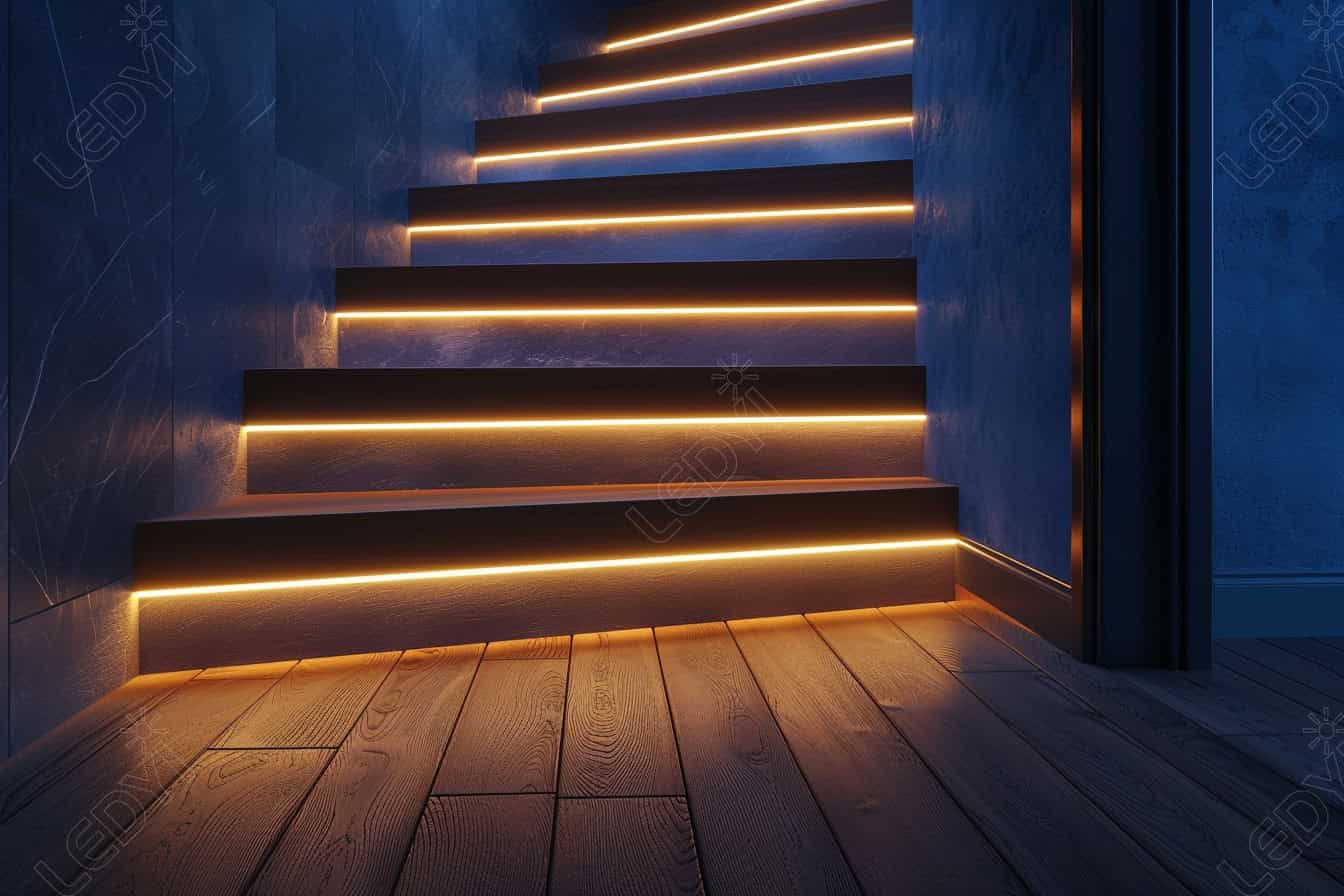 LED-lit stairs in dimly lit corridor.