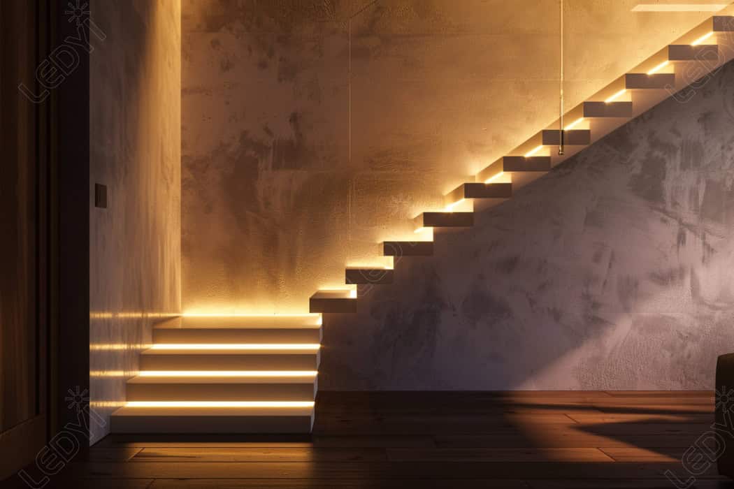 Modern floating staircase with ambient lighting.