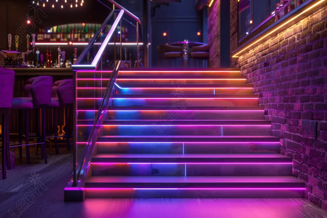 Neon-lit bar staircase with colorful LED lights.