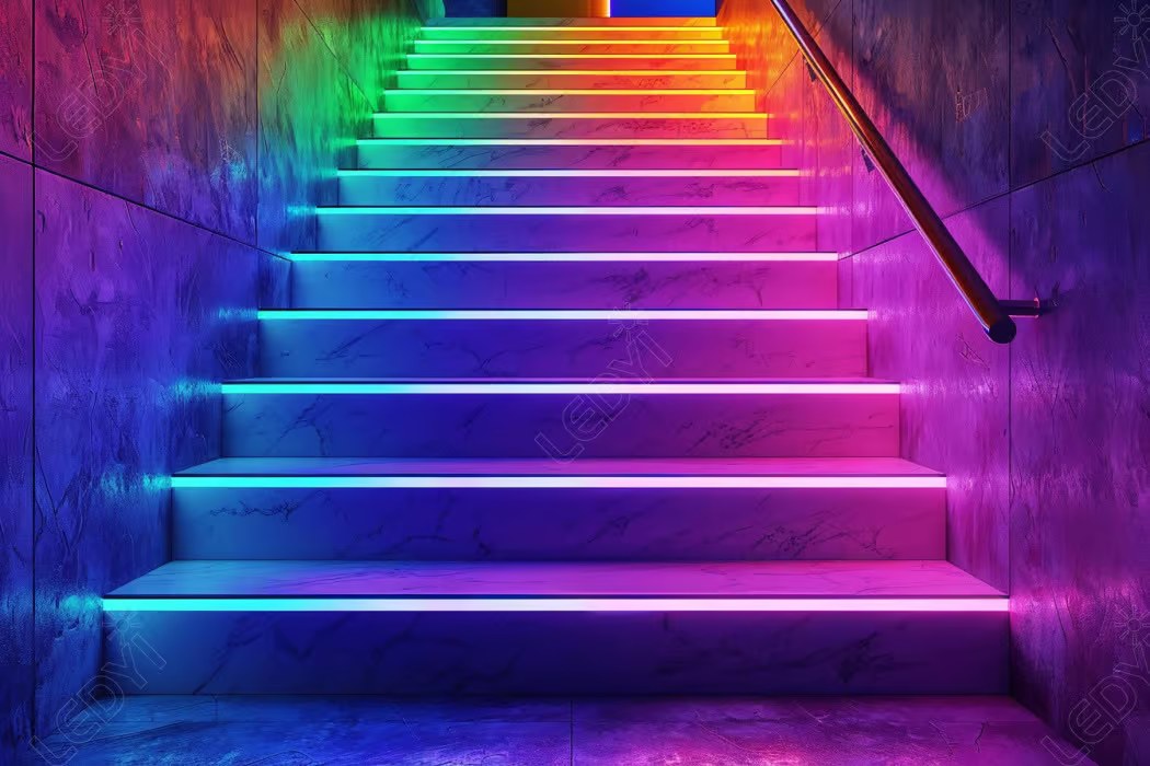 Rainbow-lit marble staircase in modern interior.