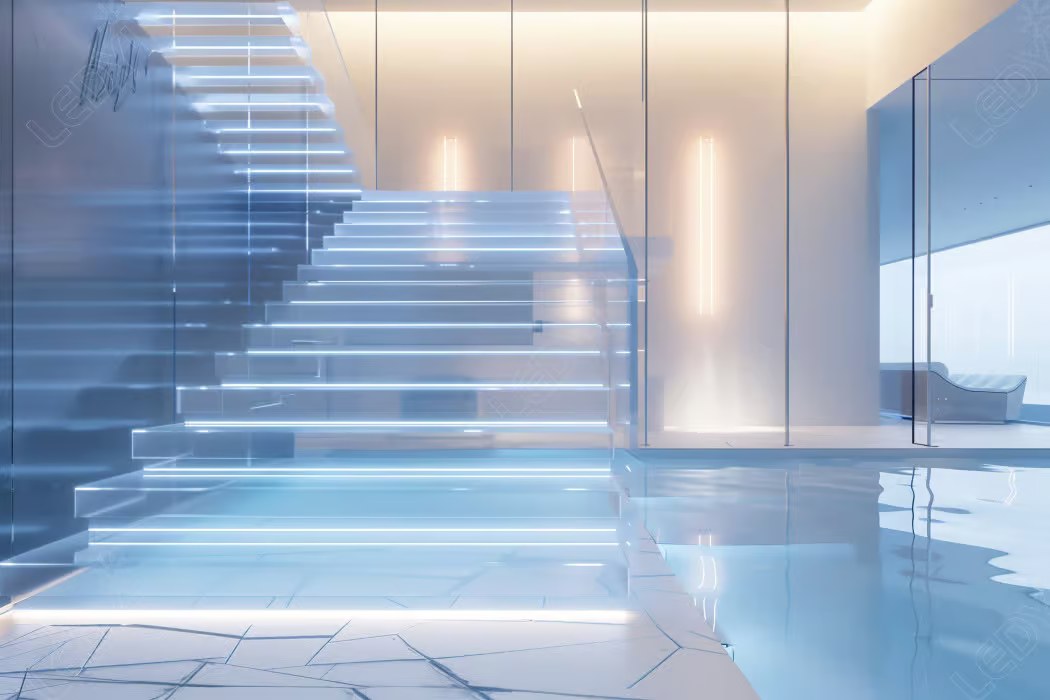 Modern glass staircase over indoor pool.