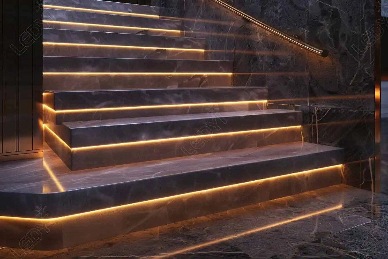 Marble stairs with integrated LED lighting.