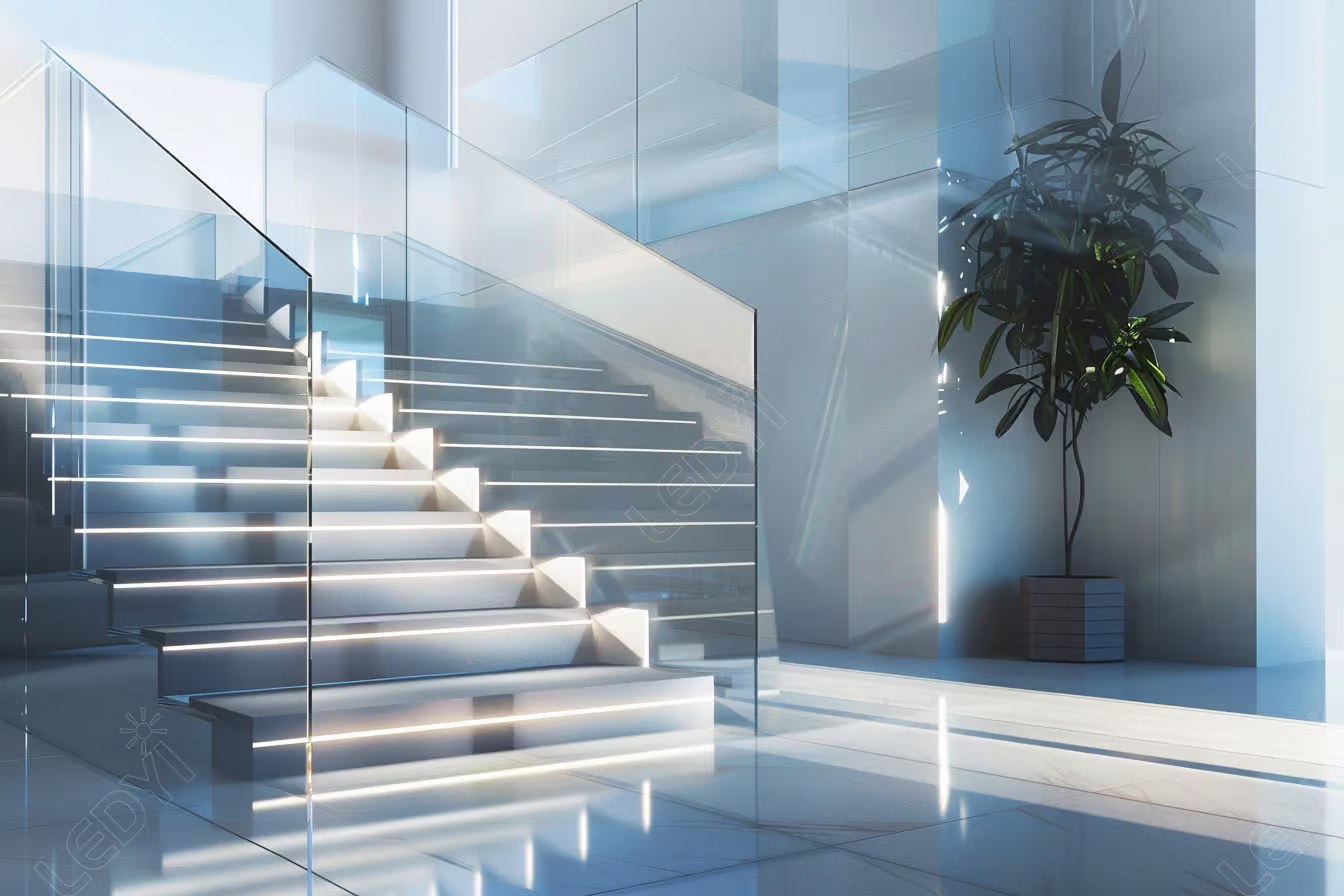 Modern staircase with glass railings in sunlit interior