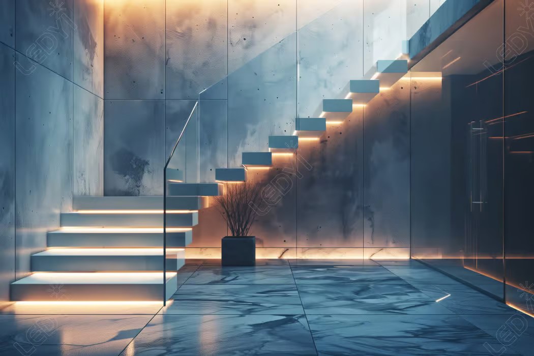 Modern staircase with ambient lighting in minimalist interior.