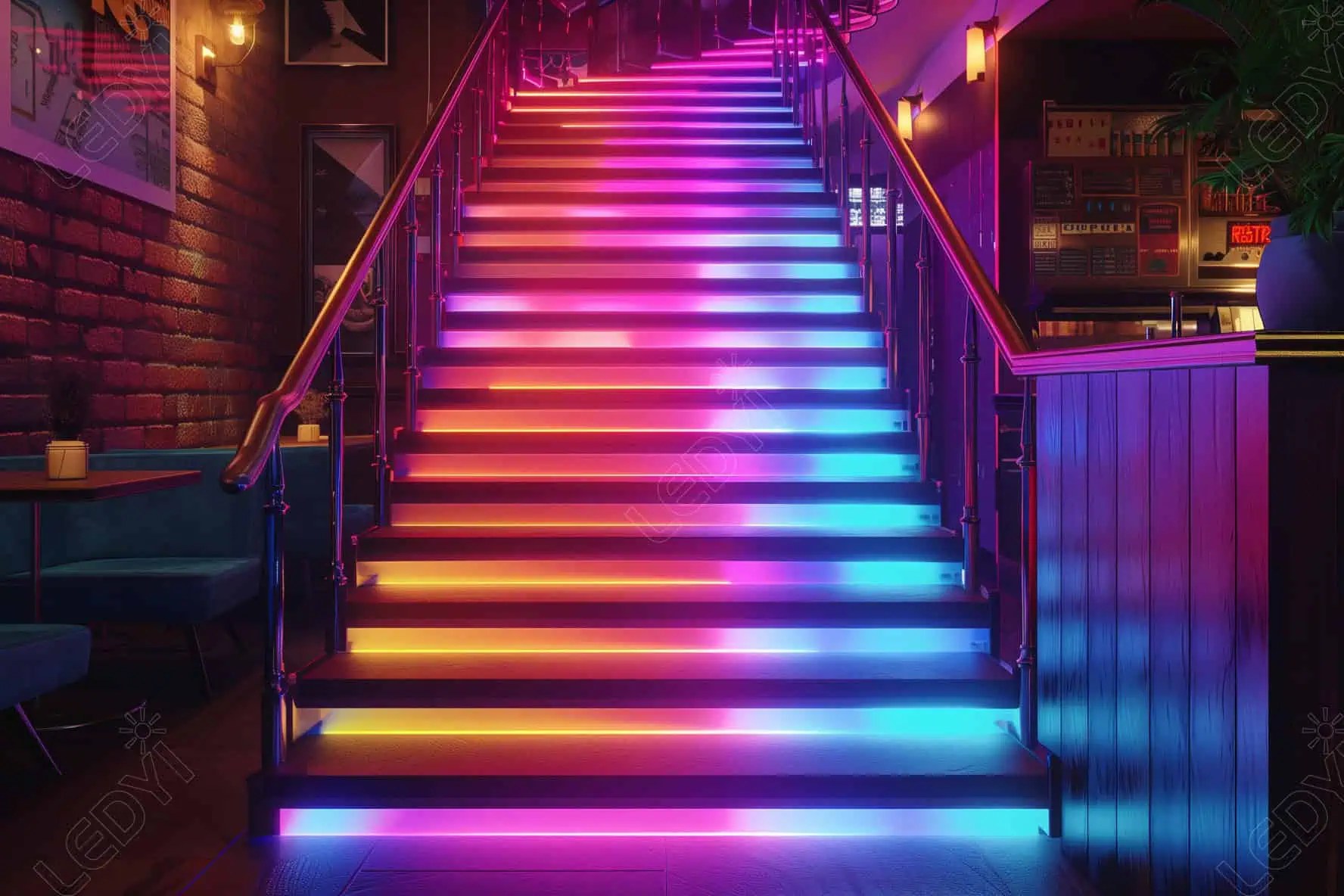 Colorful LED-lit staircase in a modern restaurant or bar.