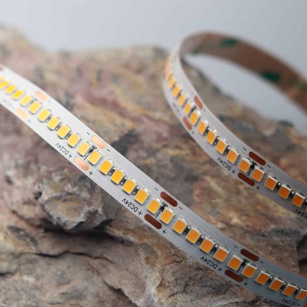 LED strip light on a rocky surface.