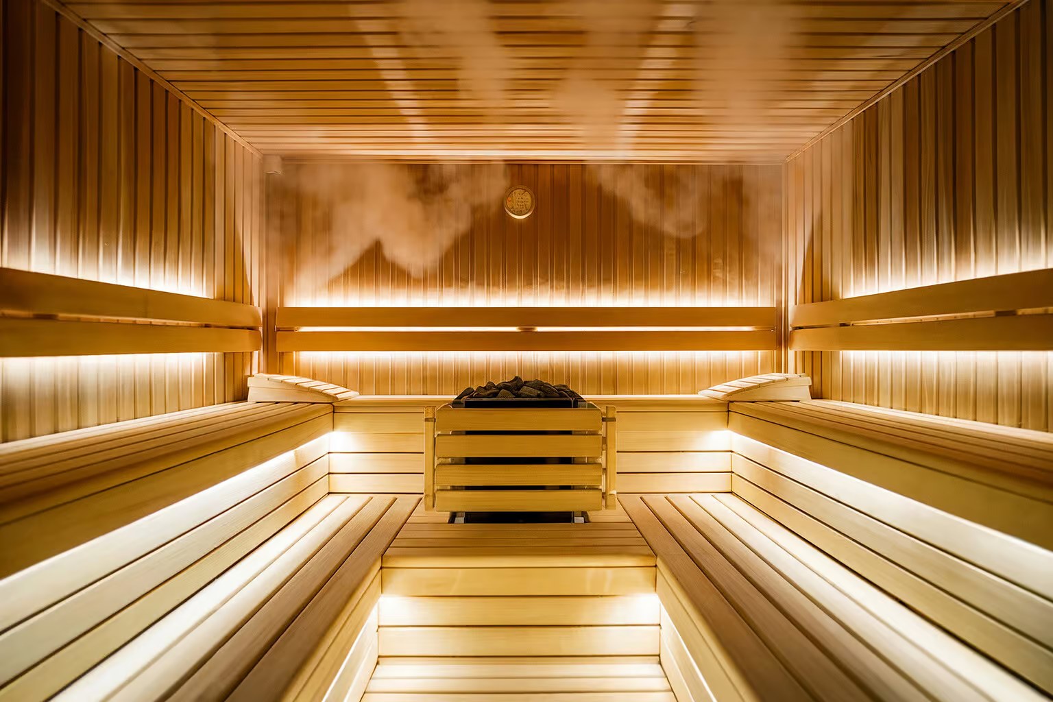 Cozy wooden sauna interior with gentle steam rising.