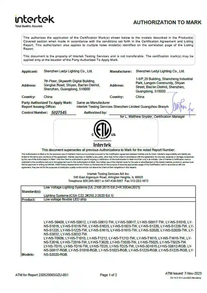 Intertek certification document for LED lighting products.