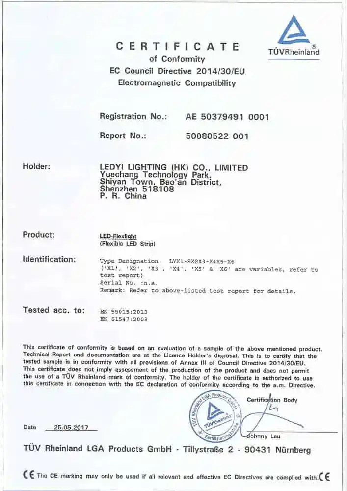 TÜV Rheinland LED strip conformity certificate, 2017.