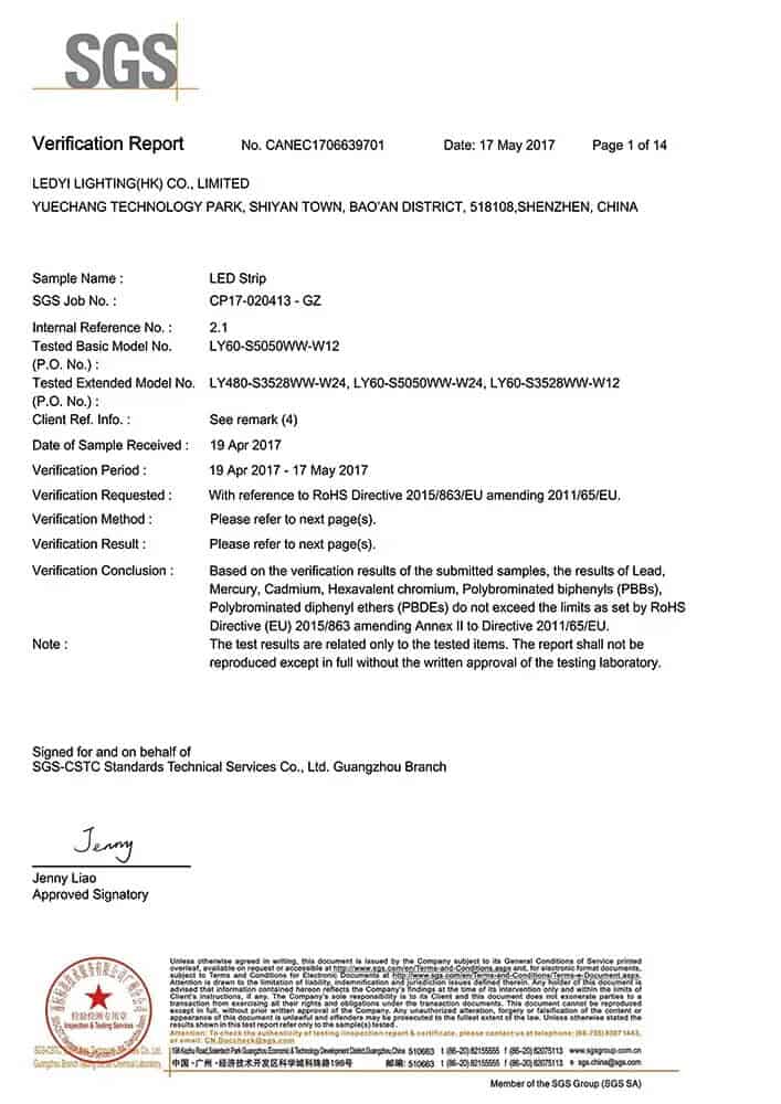 SGS verification report for LED strip compliance.